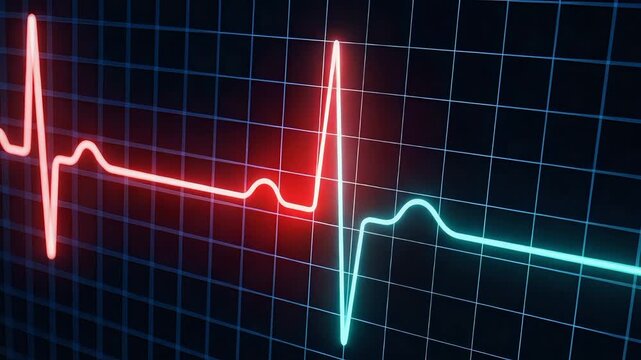 Neon heartbeat medical monitor graph pulse line displaying health status on dark blue grid