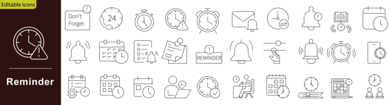 Reminder icon set containing notification alert bell calendar event schedule important alarm note task deadline checklist critical update memo and time management warning