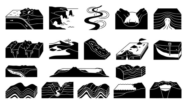 Black and White Geology Illustrations: Landforms, Tectonic Plates, and Geological Processes