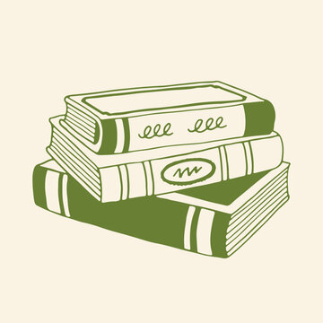 Vector illustration of a stack of three books, hand drawn in green line art from a side angle. The middle book has abstract swirls on its spine. A classic, educational book icon