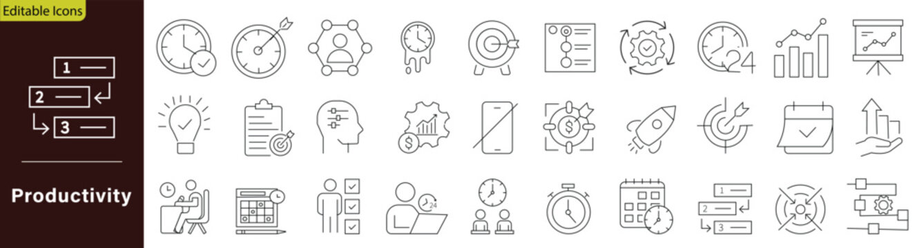 Productivity icon set containing time management efficiency workflow organization task optimized performance chart project deadline goal employee tracking timeline and speed acceleration