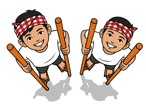 Top-down view of two boys playing on stilts with cheerful expressions.