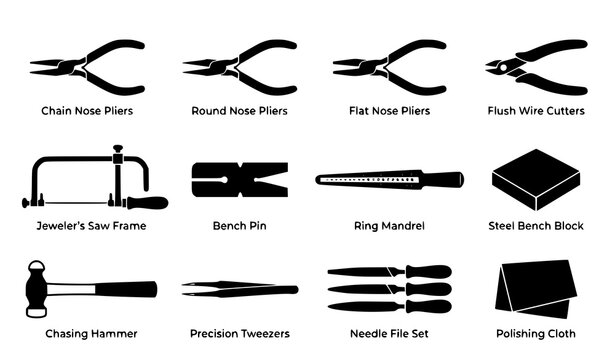 Jewelry Making and Wire Wrapping Pliers Tool Icon Set with Saw Bench Pin Mandrel Hammer Files and Polishing Cloth