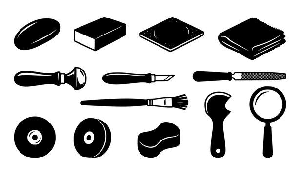 Leather Crafting and Shoemaking Tool Icon Set with Awl Knife Rasp Brush Wheels Sponge and Magnifier Vector Symbols