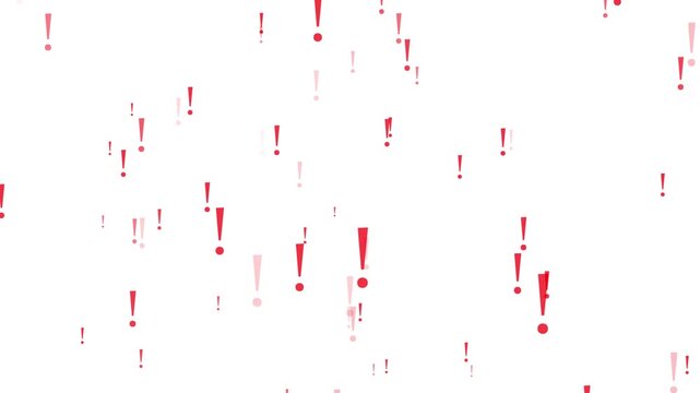 Animation of a red exclamation mark zooming in, a cluster of red exclamation marks enlarging, transparent background pattern concept, 4K video.