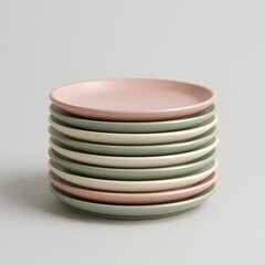 Stack of pastel ceramic plates in pink, sage and cream tones © Tharshan