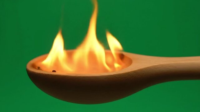 Wooden spoon with burning fire flames isolated on green screen flame cooking kitchen utensil heat