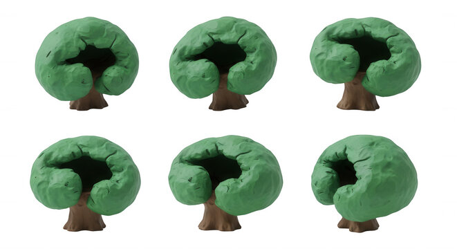miniature clay trees arranged in multiple angles on a clean white background environmental and nature concepts