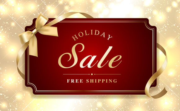 Elegant Holiday Sale Banner with Gold Ribbon on a Sparkling Background