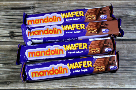 Cairo, Egypt, June 16 2026: Cadbury Mandolin cocoa cream-filled wafer bars, features layers of wafer filled with cocoa cream and covered in milk chocolate