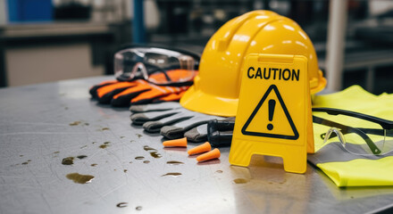 Fototapeta premium Safety caution sign with protective gloves helmet and glasses on factory table emphasizing safety and care in industrial environment
