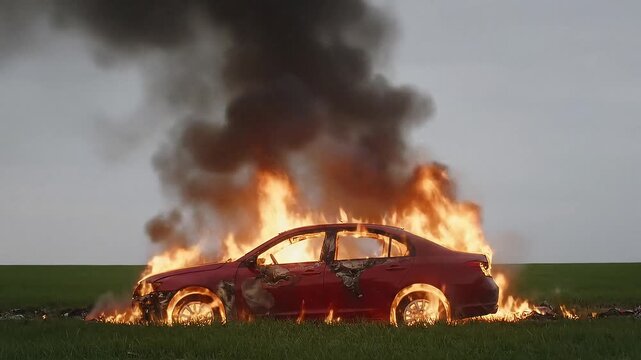 Red car burning in a field with thick black smoke fire vehicle accident blaze emergency