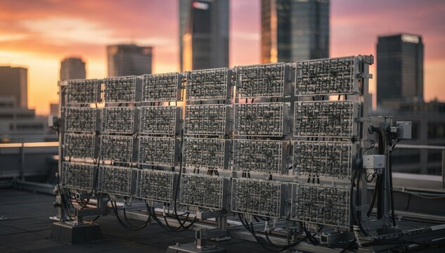 Medium shot of a 5G massive MIMO antenna array with dense radio elements sharply focused against a blurred urban city skyline during sunset.