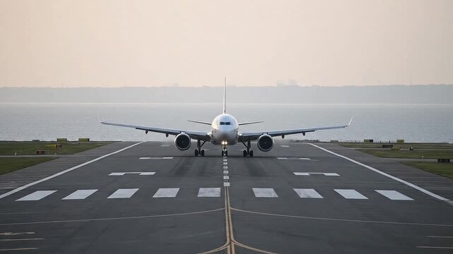 Commercial airplane landing on airport runway during daylight aircraft jet aviation travel flight