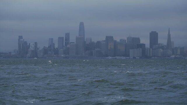 San Francisco Downtown Skyline Bay, Choppy Water, Fog - Wide Shot