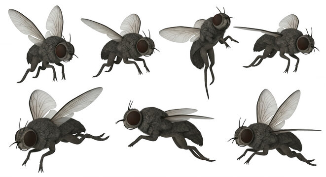 various animated houseflies in different flight poses against a plain white background for educational or illustrative purposes