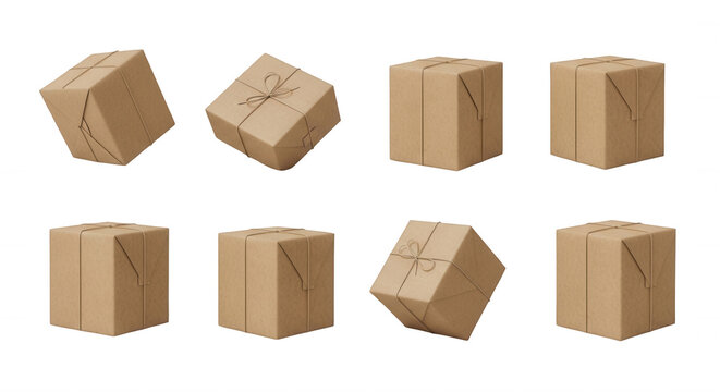 eight various angled cardboard boxes presented on a plain white background for product shipping and packaging purposes