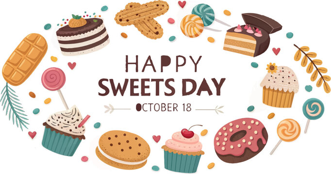 Happy Sweets Day, sweet treats, dessert icons, food illustrations, October 18th celebration