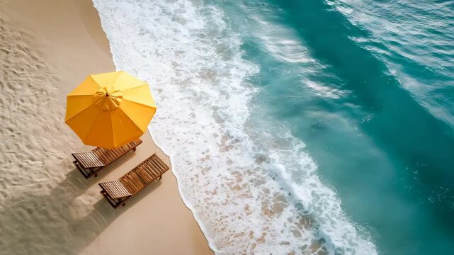 Aerial Beach Umbrella Empty Loungers Turquoise Water