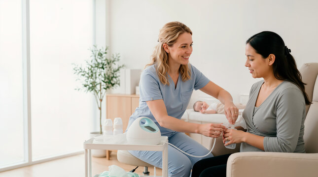 Female lactation consultant teaching a mother how to use an electric breast pump. Nurse in blue scrubs demonstrating breastfeeding equipment in a modern clinic. Postpartum maternal healthcare concept