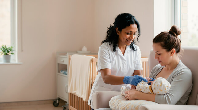 Nurse assisting mother with newborn baby feeding. Healthcare professional providing support to new parent in hospital room