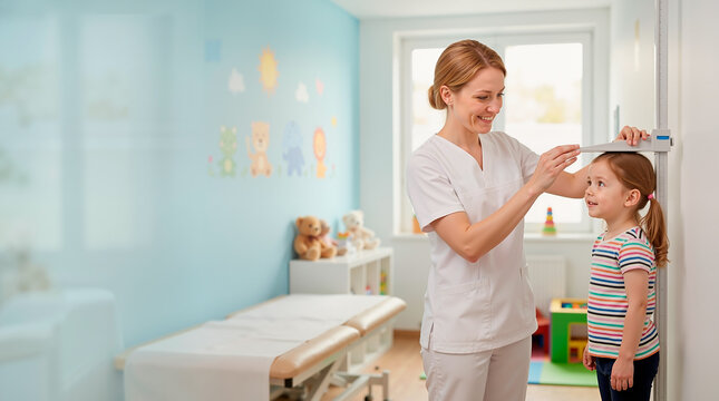 Pediatrician measuring height of a young girl in a clinic. Professional medical checkup for a child in a bright office