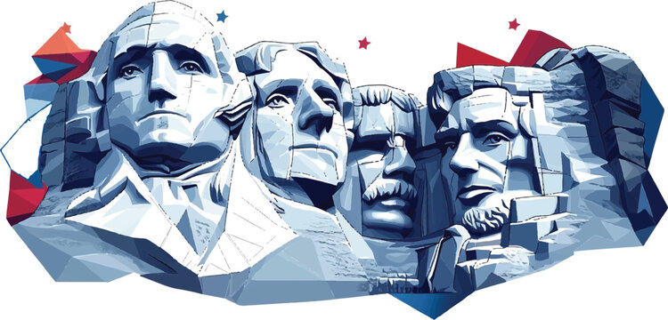 George Washington, Thomas Jefferson, Theodore Roosevelt and Abraham Lincoln Statues on Mount Rushmore in Low Poly