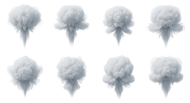 digitally rendered eight mushroom cloud explosions against a stark white background conceptual visual effects