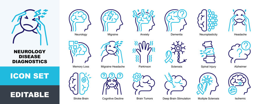 Neurology Disease Diagnostics Icon Pack Featuring Migraine, Anxiety, Dementia, Neuroplasticity, Headache, Memory Loss, Parkinson, Sclerosis, Spinal Injury