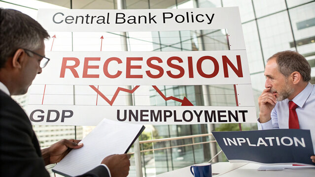 Two men discussing central bank policy and recession, with charts showing GDP and unemployment trends