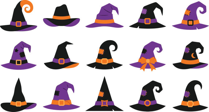 Collection of witch hats in black and purple for Halloween