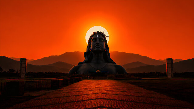 Majestic Lord Shiva statue silhouette at sunset with layered mountains, glowing sun, and serene landscape near Coimbatore, inspiring peace and spirituality.