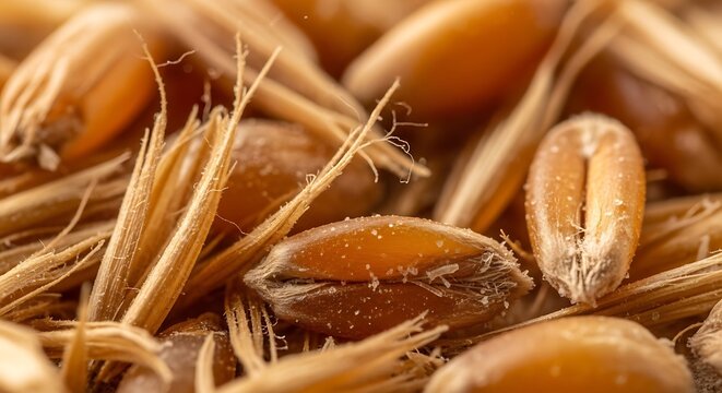 Macro view of organic golden wheat grains texture with agriculture, nutrition