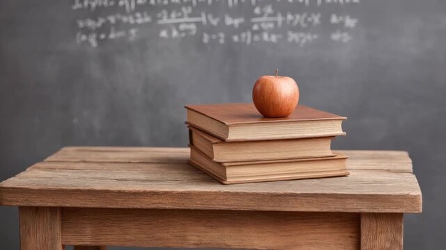 Stack of three closed books with an apple on top placed on wooden desk in front of a chalkboard with math equations written in white chalk
