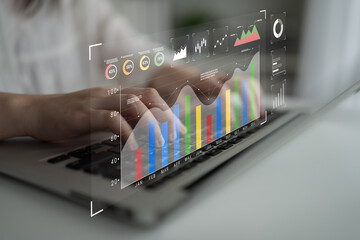 Fototapeta premium A business data analysis and performance monitoring dashboard. A collection of charts and graphs for strategic review and company evaluation. Motif