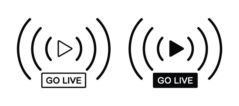Go Live Broadcast Icon. Two stylized icons depicting a play button and radiating waves, symbolizing live broadcasting or streaming, with the accompanying text GO LIVE.