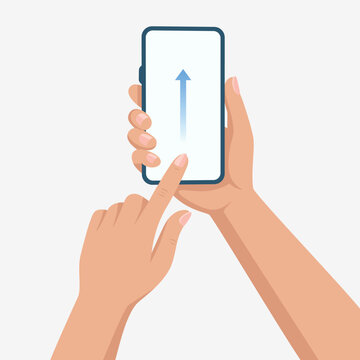 Flat Cartoon Vector Smartphone Swipe Up Gesture Illustration. Smartphone Screen in Hand. Mobile Phone Touch Gesture with Finger Swiping Up on Smartphone