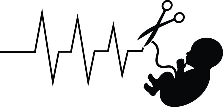 Umbilical Cord Cutting with Fetus and Heartbeat Silhouette Medical Vector Illustration