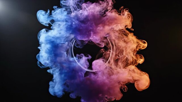 Abstract ring shape formed by swirling blue and orange smoke particles against a dark background, dynamic fluid motion animation.