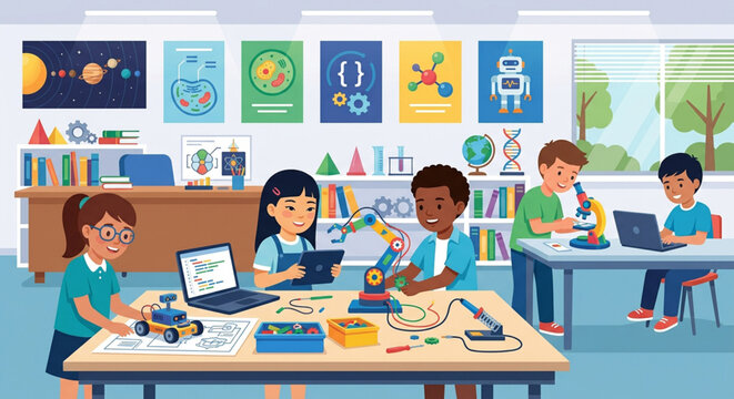 Kids coding class, students learning robotics, technology education, classroom