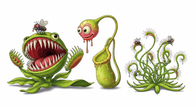 Venus flytrap and pitcher plant illustrations.