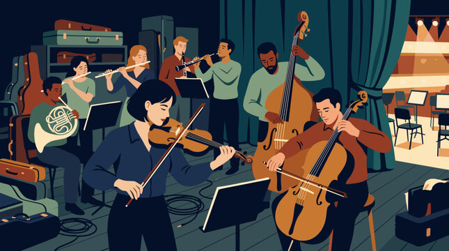 Musicians play violins cello and guitar in a concert hall
