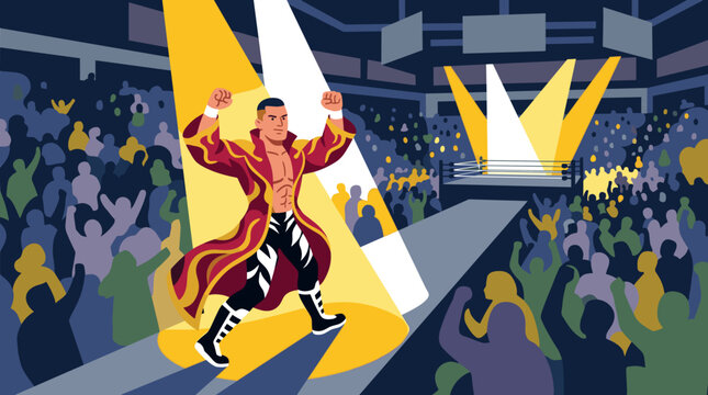 Wrestler enters packed arena with raised arms