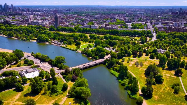 Aerial view of Hyde Park and Serpentine lake in London on a clear summer day; ideal for travel promotion, real estate, tourism, and urban lifestyle design