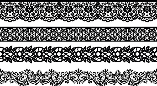 Set of black vector lace borders with elegant floral trims and baroque filigree ornaments for luxury fashion graphic designs