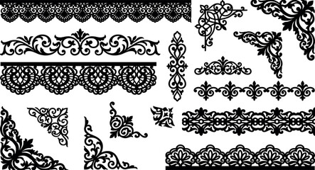 Vintage baroque ornament set with elegant black lace borders filigree corners and decorative floral scroll vector elements for luxury frame designs