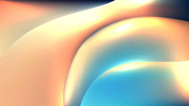 Abstract 3D background with flowing fluid metallic wave shapes smooth gold and cyan blue gradient texture luxury futuristic soft glow light, modern graphic web design banner