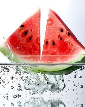 watermelon slice falling into water isolated on white background