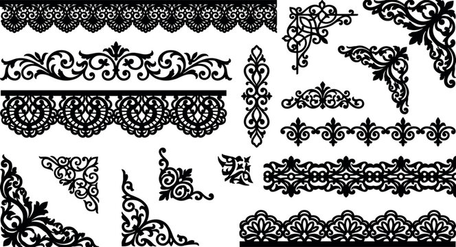 Vintage baroque ornament set with elegant black lace borders filigree corners and decorative floral scroll vector elements for luxury frame designs