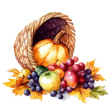 Cornucopia, clipart vector in watercolor style with flowing brushwork, isolated on a white background.